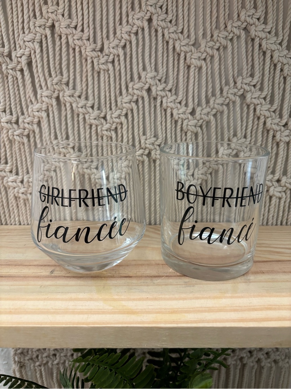 Engagement wine and whiskey glasses